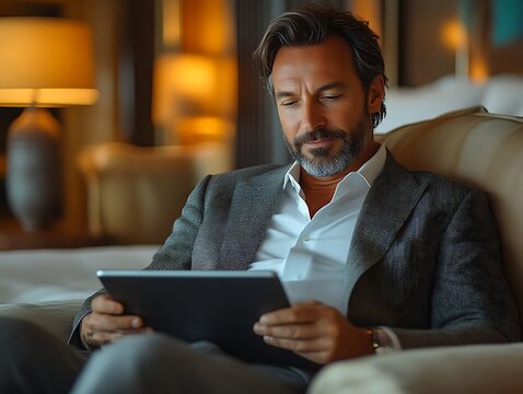 Mature man using tablet in luxury hotel room. - Powered by Adobe