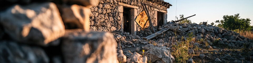 Fototapeta premium Partially Collapsed Stone Structure and Debris Field