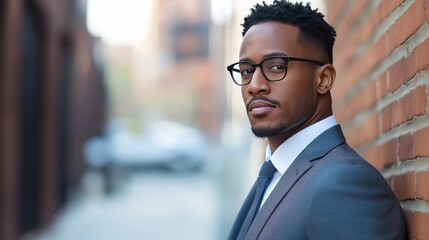 A man in a suit and glasses is standing in front of a brick wall
