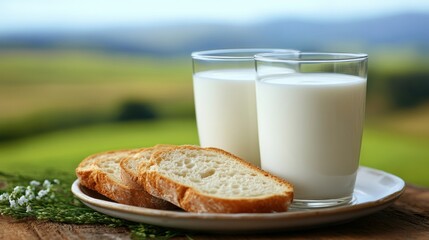 Fresh Milk and Bread on Table with Scenic Background View