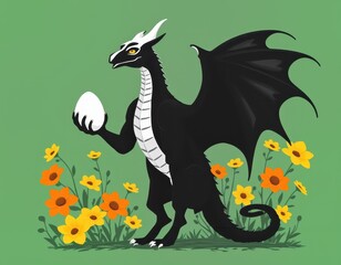 Black dragon holding an egg surrounded by vibrant flowers in a colorful illustration