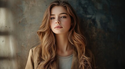 Naklejka premium A woman with long brown hair is standing in front of a wall