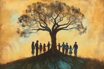 Family members holding hands under a big tree with large roots symbolizing family roots and history