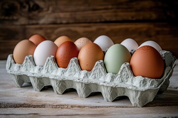 A dozen eggs in a carton on a table, simple and organized food storage solution