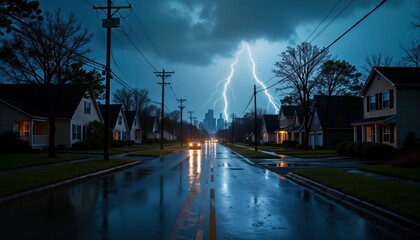 Neighborhood street at night under dark stormy sky. Lightning strikes near city skyline. Rainwater on road. Houses lit with interior lights. Cars drive slowly. Crisis mode due to hurricane impact.