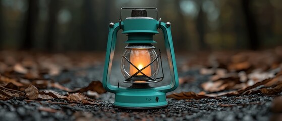 A green lantern with a lit flame sits on a path of fallen leaves.