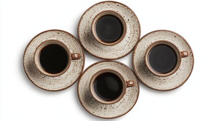 Four Rustic Coffee Cups with Dark Brew on Light Background