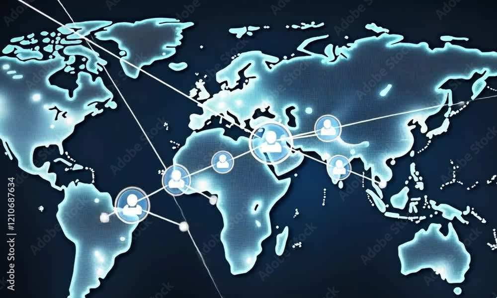 Poster a futuristic, digitally rendered world map showcases interconnected nodes representing global commun