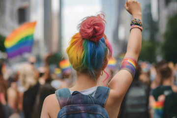 Woman with rainbow colored hair and lgbt flag painted on her arm raising fist at a pride parade