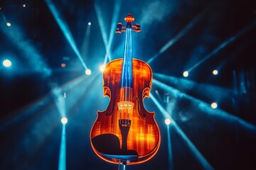 Fototapeta premium Radiant violin with dramatic stage lighting