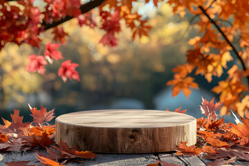 A wooden podium product mockup, placed in an autumn scene with vibrant maple leaves for a cozy seasonal display.