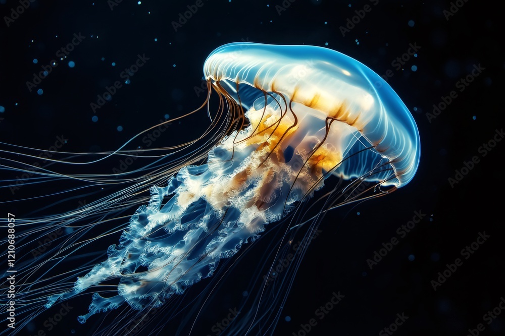 Poster luminous jellyfish with long tentacles floating in dark water, creating a mesmerizing underwater sce