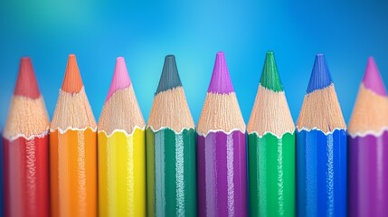 A row of eight vibrant colored pencils stands neatly against a bright blue background, showcasing a spectrum of colors from red to purple, inviting creativity.