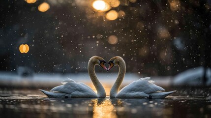 Elegant Swans Forming Heart Shape in Serene Water Reflection