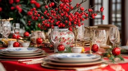 Naklejka premium Elegant Festive Table Setting with Red Flowers and Christmas Decor
