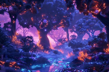 Naklejka premium A magical forest illuminated by vibrant colors and enchanting light, offering serenity.