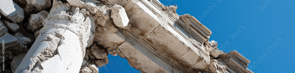 Poster ruins of classical stone structure with collapsed column and entablature