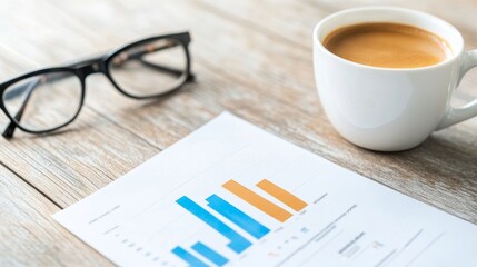 Business Workspace with Coffee, Glasses, and Report Charts for Professional Planning Background 28