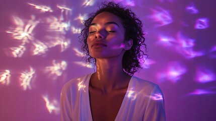 A young woman in a white outfit poses with her eyes shut in front of a purple background, and there are lights shining on her from a projector.