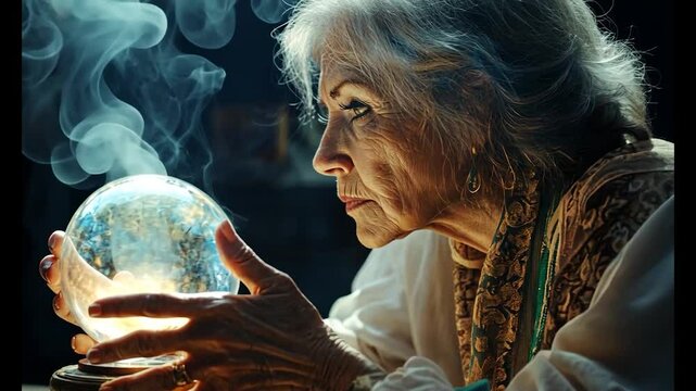 Mysterious fortune teller gazing into glowing crystal ball with swirling smoke in atmospheric slow motion scene