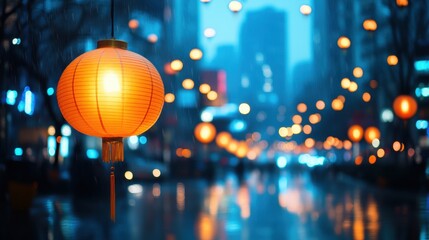 Glowing Lanterns Illuminate City Streets at Dusk During Festival