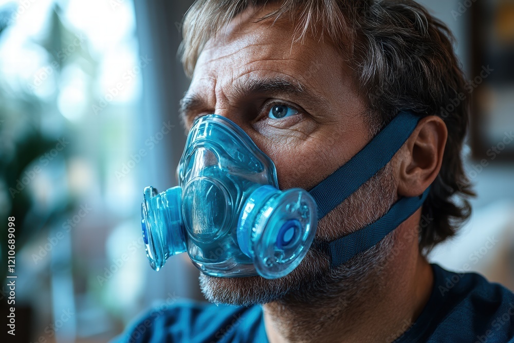 Poster man using oxygen mask for respiratory support at home during evening hours