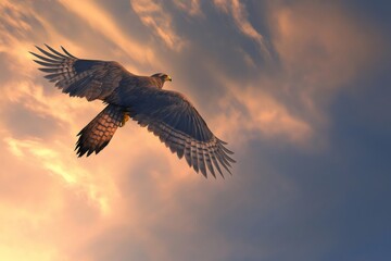 Obraz premium Majestic hawk flying with spread wings through a vibrant sunset sky, conveying a sense of freedom and power