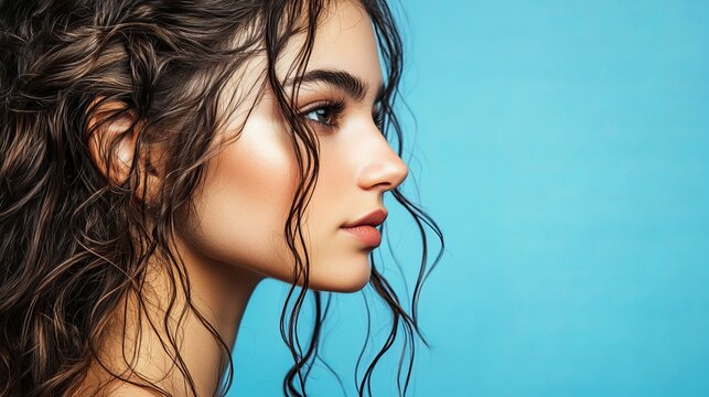 A young woman with long, wavy hair and bare shoulders looks alluringly away from the camera.  The background is blue.