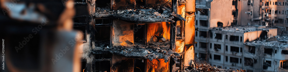 Sticker Fire-Damaged Multi-Story Building and Surrounding Rubble