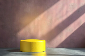 A yellow pedestal placed in an empty, vibrant room with a spotlight on it, perfect for product presentations.