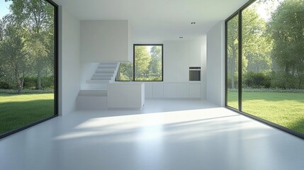 Obraz premium Bright and Spacious Modern Interior with Large Windows and Nature Views