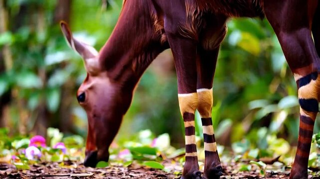 Unique Forest Creature Grazes on Vegetation in a Vibrant Tropical Environment