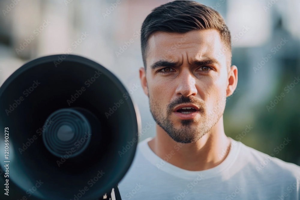 Poster a person holds a megaphone in front of their face, ideal for use in scenes where characters need to 