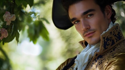 A person dressed in a gold jacket and black hat, likely for a formal or ceremonial occasion