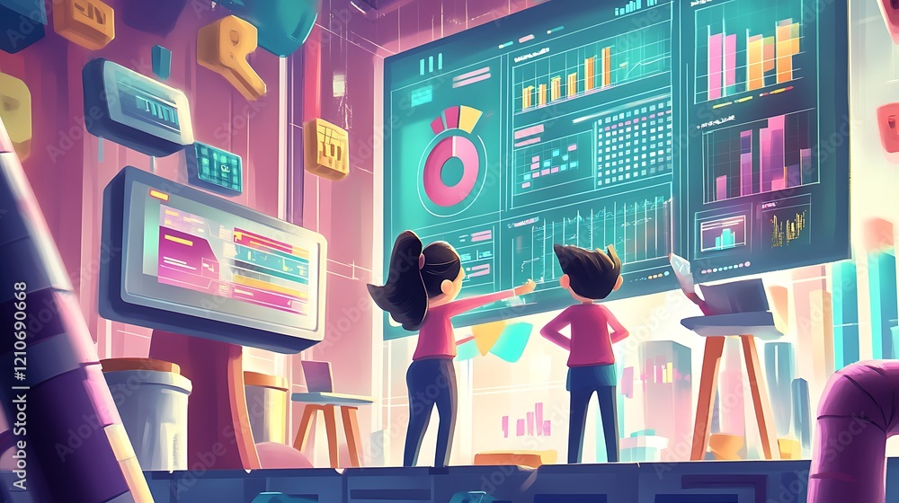 Poster children analyze data on large interactive screen