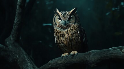 An owl sits on a branch in the darkness. Its large eyes shine brightly.