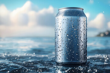 Aluminum soda can mockup with water droplets, set against a refreshing backdrop of water for product branding.