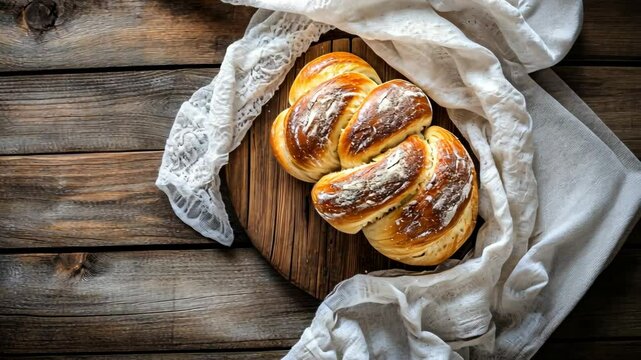 Warm, freshly baked bread resting on a wooden board wrapped in a linen cloth on a rustic table