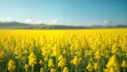 Vast field of blooming mustard flowers fills landscape. Bright yellow blossoms stand tall against clear blue sky with soft white clouds. Gentle hills form distant backdrop in soft green, light brown