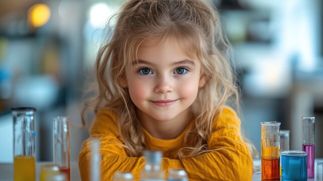 Young Girl Engaging in Scientific Exploration With Colorful Test Tubes in a Bright Indoor Space During the Day. Generative AI