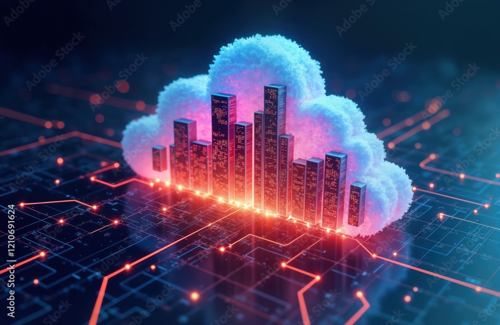Poster futuristic illustration tech networking, digital communication in global business. cloud computing c