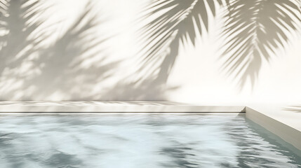 a swimming pool with a close-up of the water and shadows of palm trees on a white wall