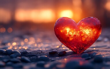 Glowing heart on beach at sunset.