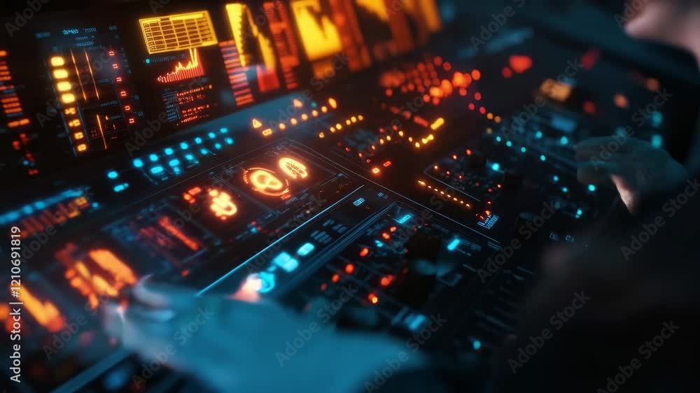 Poster futuristic control panel with interactive displays and dynamic user engagement