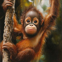 Obraz premium A baby orangutan hanging from a tree branch, its arms long and flexible