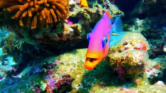 Colorful Fish Explores Coral Reef in Vibrant Underwater Habitat During Sunny Day