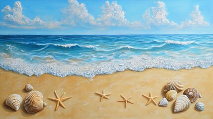 Golden beach with seashells and starfish, soft waves, bright blue sky, peaceful and inviting, highly detailed, calm and natural, warm and idyllic, tranquil and beautiful