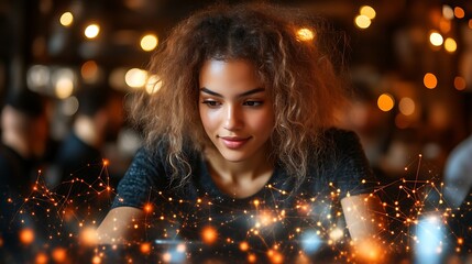 Woman using phone in cafe, network overlay.