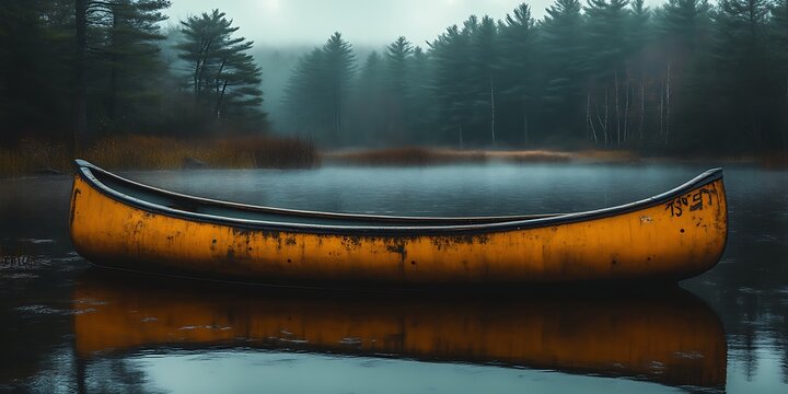 Old canoe on foggy lake in forest.