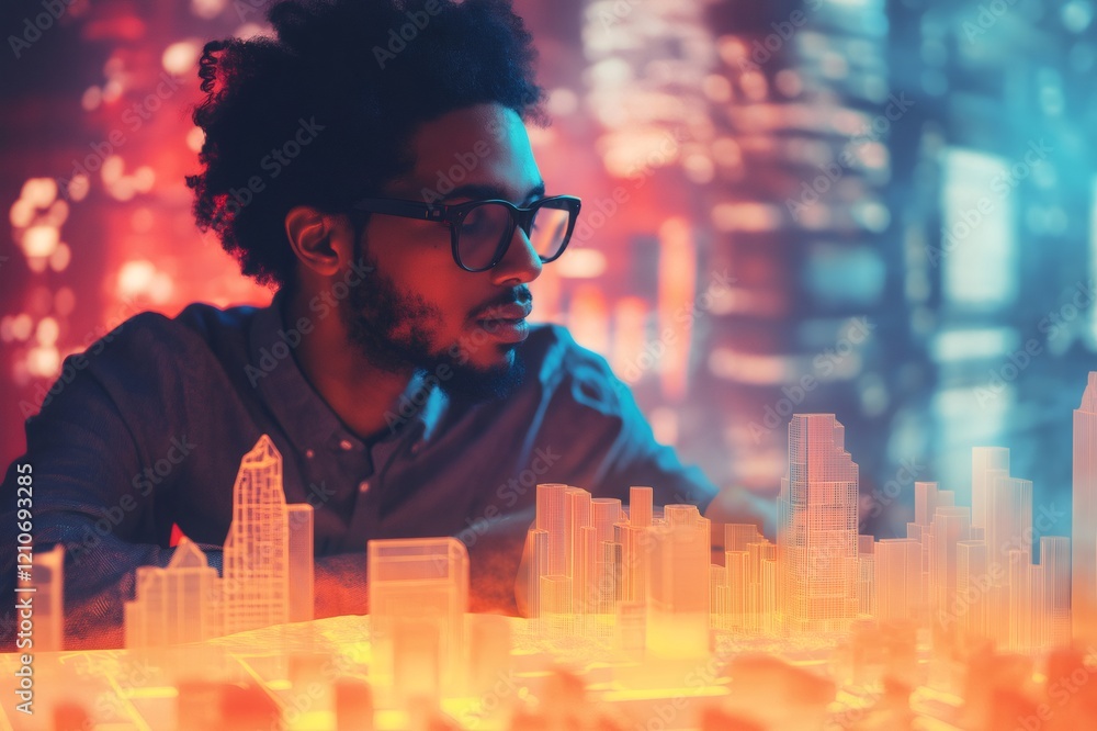 Aufkleber architect is working on a futuristic city project using augmented reality, visualizing buildings and
